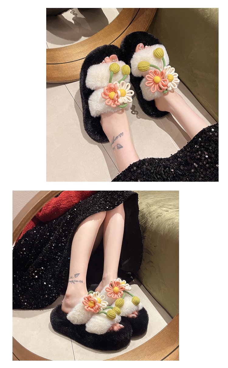 Fresh Flower Plüsch Damen, Bequem Casual, Leicht zu tragen, Hausschuhe fürs Büro, Baumwollpantoffeln mit dicker Sohle,_voghion.com