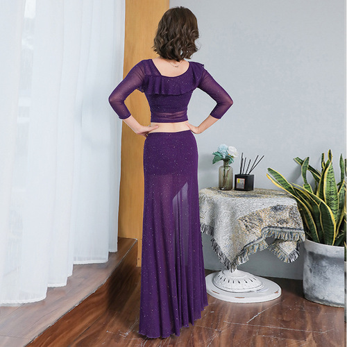 Belly dance dance clothing practice clothing four seasons oriental dance beginners sexy open long skirt two-piece performance clothing