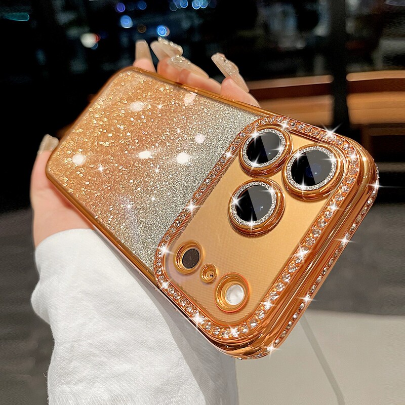 Iphone16Pro Electroplated Edge Diamond Mobile Phone Case Gradient Glitter with Diamond Apple 15Max Soft 17 Protective Cover Suitable Iphone16Pro Electroplated Edge Diamond Mobile Phone Case Gradient Glitter with Diamond Apple 15Max Soft 17 Protective Cover Suitable