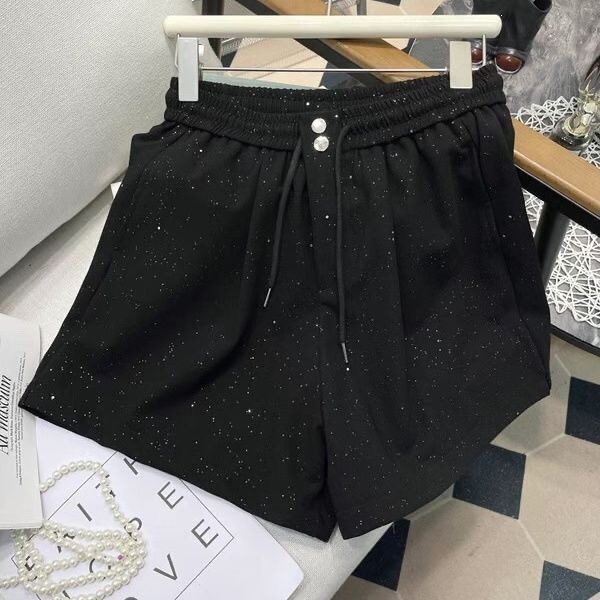 Loose Plus-Size Black Thin Sequin Shorts for Women, Summer Slimming Elastic Casual Knee-Length Shorts for Trendy Women Loose Plus-Size Black Thin Sequin Shorts for Women, Summer Slimming Elastic Casual Knee-Length Shorts for Trendy Women