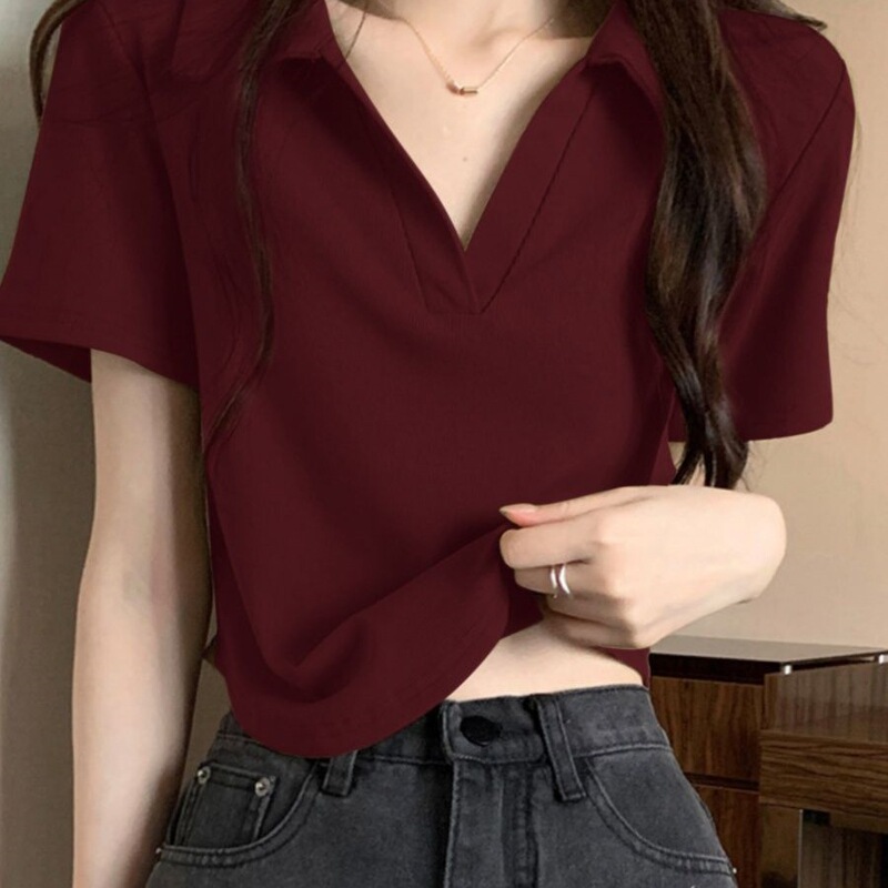 Burgundy Polo Collar T-Shirt for Women, 2026 Spring/Summer V-Neck Short Top, Regular Shoulder Short Style for Petite Sizes, Trending Cross-Border Keyword Burgundy Polo Collar T-Shirt for Women, 2026 Spring/Summer V-Neck Short Top, Regular Shoulder Short Style for Petite Sizes, Trending Cross-Border Keyword