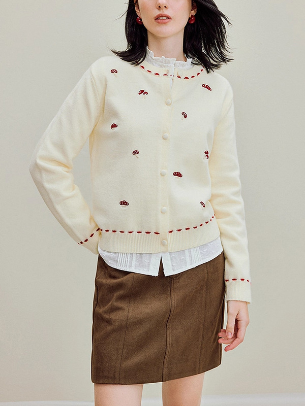 温柔甜美蘑菇刺绣圆领毛衣外套女2025年秋季新款长袖针织开衫|undefined