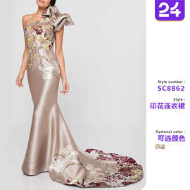 2026跨境春夏新欧美女装气质性感连衣裙宴会年会露背印花绣花礼服