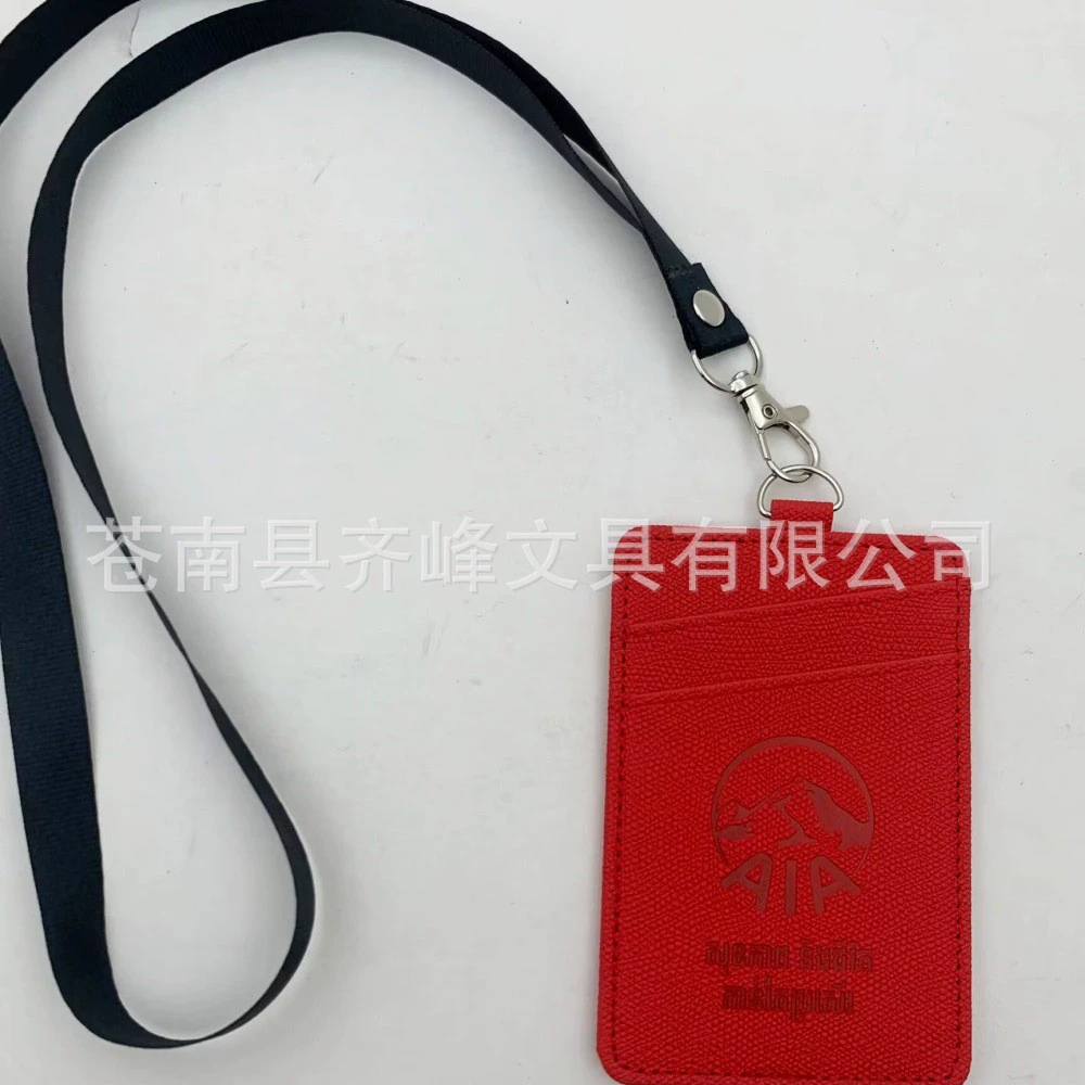 Кожаный держатель для карт с тисненым логотипом на заказ, большой красный, с двумя слотами для карт и шнурком для бейджа