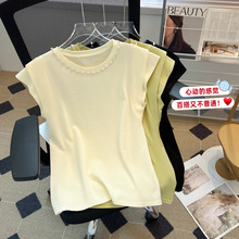 设计感珍珠圆领飞飞袖短袖T恤女2024夏装新款洋气半袖体恤衫上衣