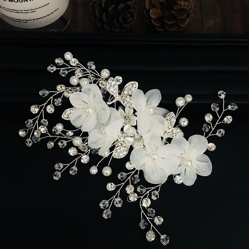 white fabric small flower leaves rhinestone bridal wedding headdress hair accessories