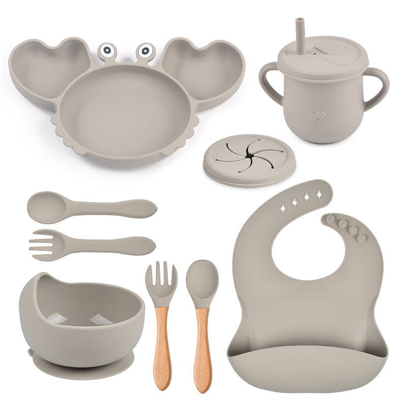 Set de vajilla para bebé de silicona de 9 piezas - Plato con forma de cangrejo, babero, plato dividido, cuchara, tenedor, taza