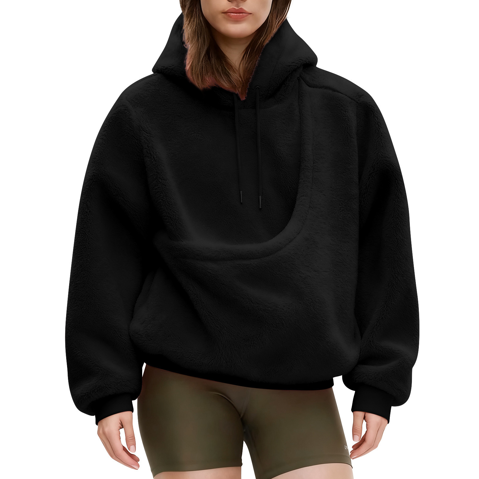 BK8837# Amazon Avrupa Amerika Sonbahar Kış Sınır Ötesi Düz Renk Kapşonlu Peluş Evcil Hayvan Cepli Geniş Kesim Sweatshirt Kadın
