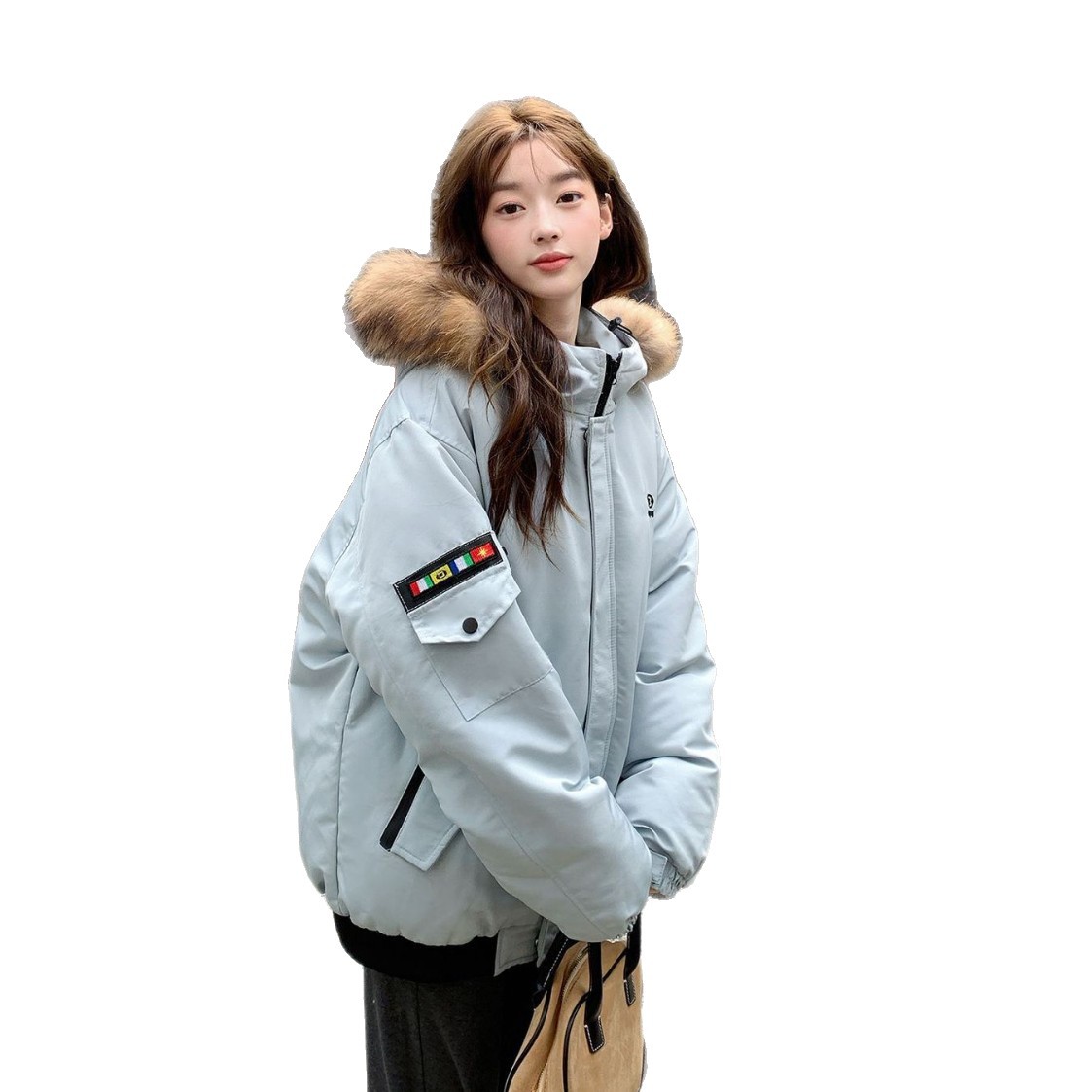 Real disparar 2025 invierno coreano suelto retro plumón chaqueta de algodón mujer suelto gran cuello de pelo para superar la tendencia de abrigo de algodón image 5