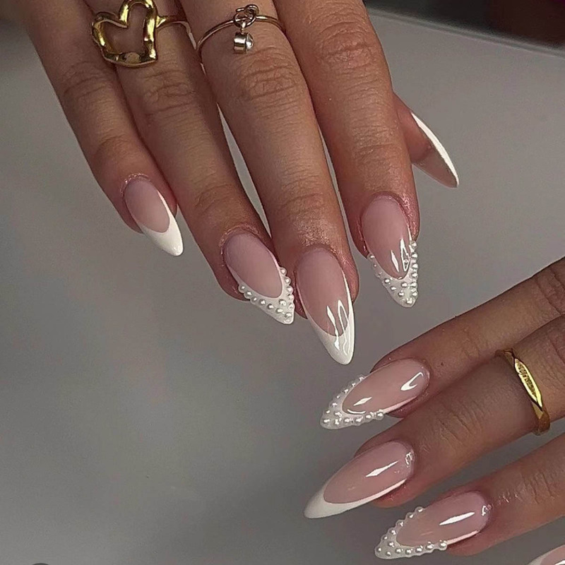 New French Style White Pearl Pointed Armor White Edge Pearl Pink Drop Armor Long Almond Manicure Pieces New French Style White Pearl Pointed Armor White Edge Pearl Pink Drop Armor Long Almond Manicure Pieces