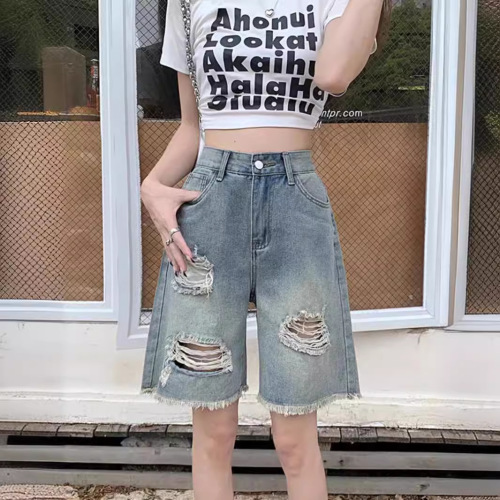 Ladys Retro Ripped Denim Medium Length Pants Summer High-Waisted Loose Slimming Petite Straight Wide Leg Five-Eighth Medium Pants