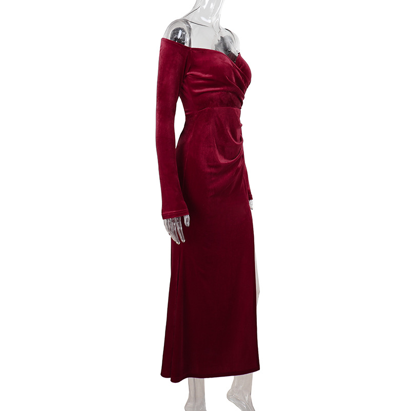 Off Shoulder Sexy High Slit Velvet Dress Women Elegant Dress