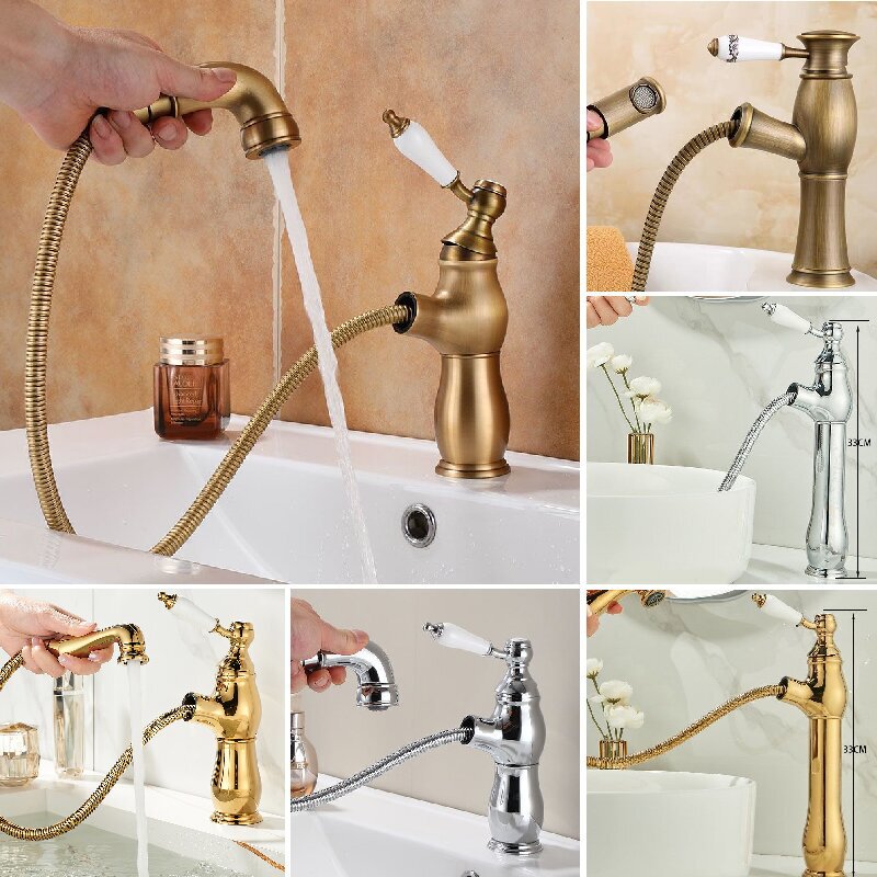 All-copper French vintage gold washbasin for powder room and bathroom, ceramic basin with hot and cold pull-out faucet All-copper French vintage gold washbasin for powder room and bathroom, ceramic basin with hot and cold pull-out faucet