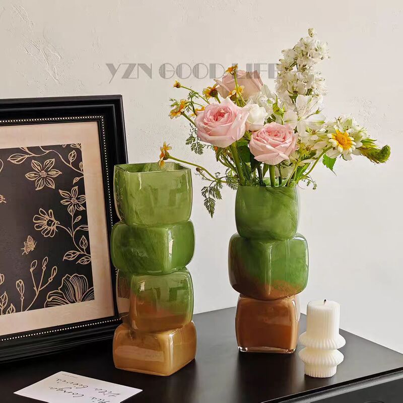 Medieval Style Gradient Colorful Geometric Square Vase Dining Table Soft Decoration Hotel Tv Counter Top Decorative Glass Ornaments