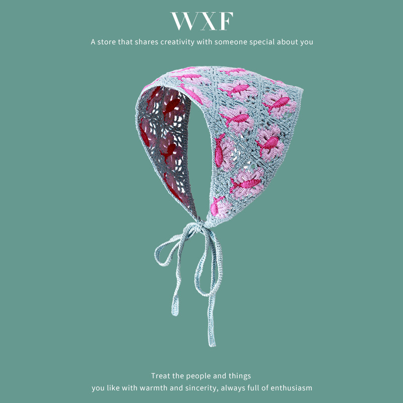 Francés vintage turbante mujer turbante triángulo de dopamina viaje dulce encantador gancho flores estilo de arte de punto de moda correa de pelo