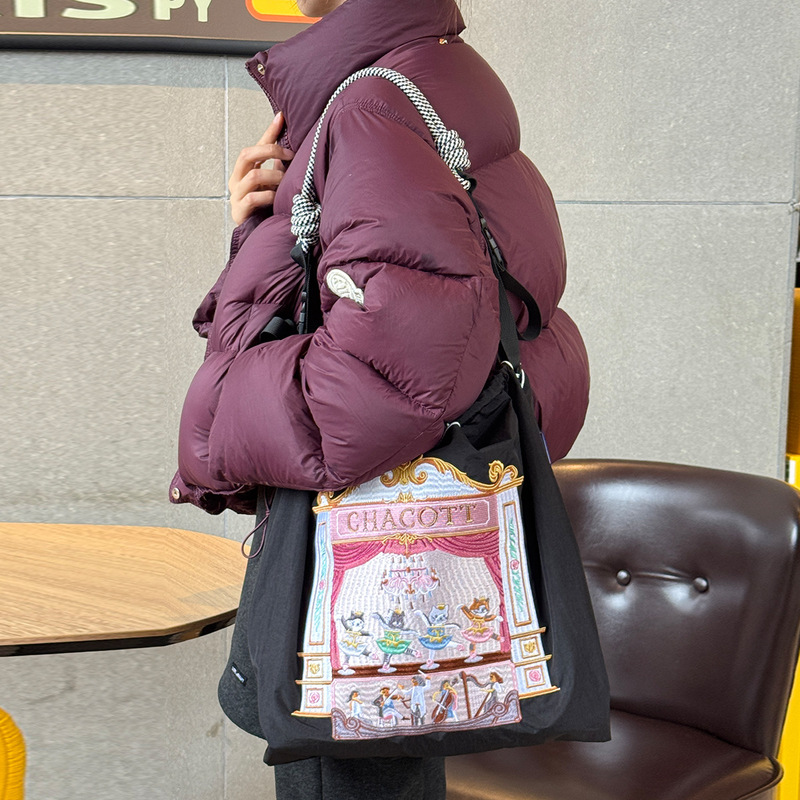 Ballet Cat Canvas Bag with Embroidery, Ballchain Custom Shopping Bag, Women's Shoulder Bag with Embroidery, Custom Bag