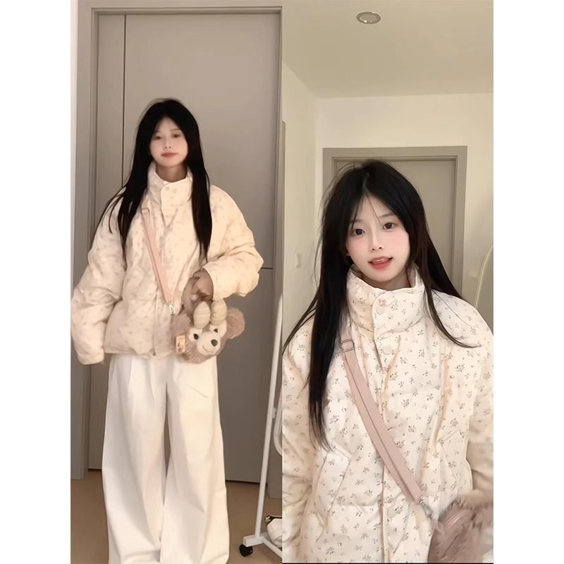 羽绒服女冬季新款短款韩版碎花立领小个子加厚可爱保暖显瘦外套潮