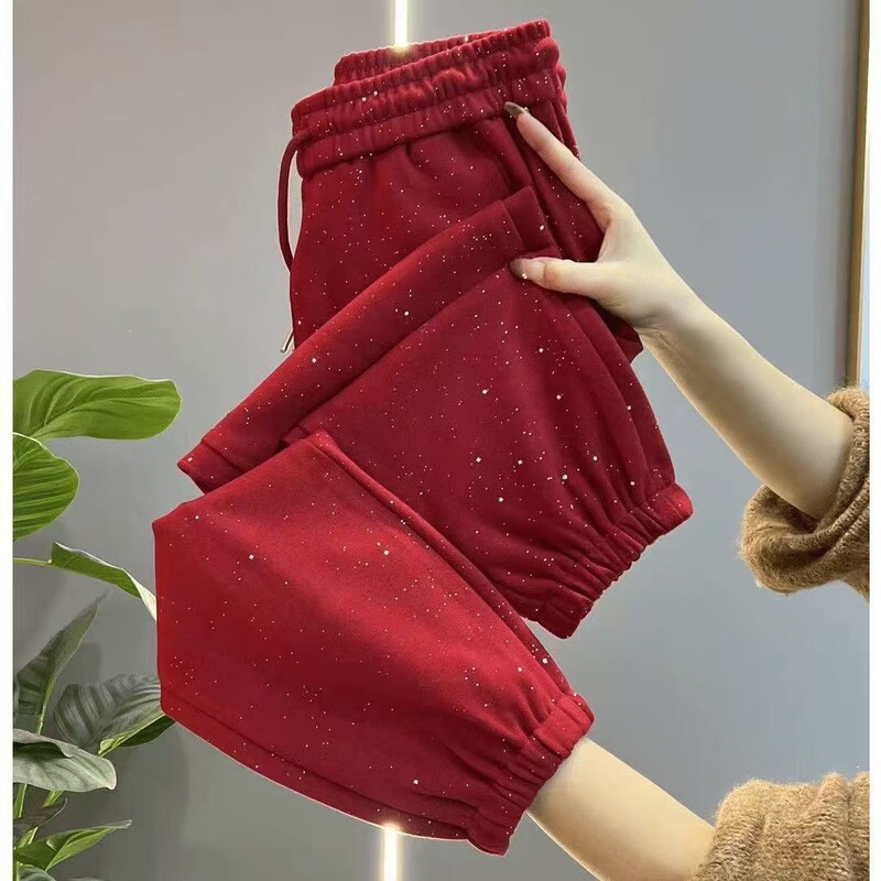 Red Cropped Jogger Pants with Starry Sky Print, High-Waisted, Stylish Women's Thin Sports Casual Pants for Autumn and Summer, with Rhinestones, Harem Pants