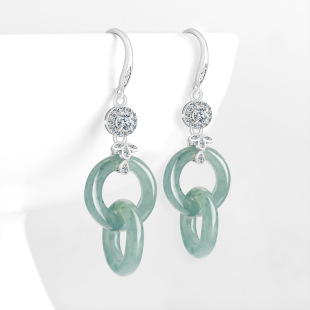 genuine goods natural A goods jade blue water double jade ring earrings ice jade stone S925 silver inlaid women's earrings earrings