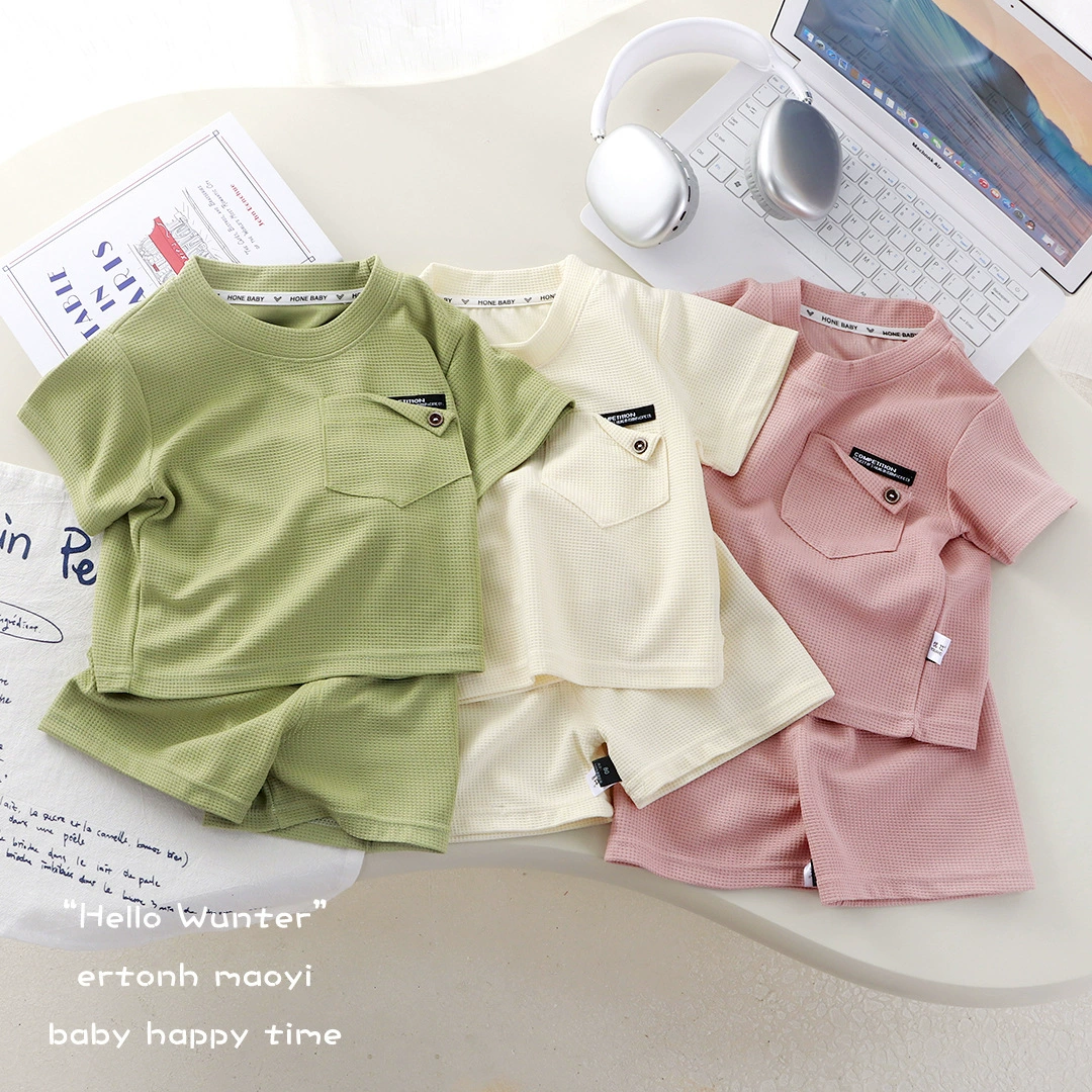 Новый детский вафли с короткими рукавами, летняя мужская и женская повседневная спортивная одежда свежий тонкий набор из двух частей