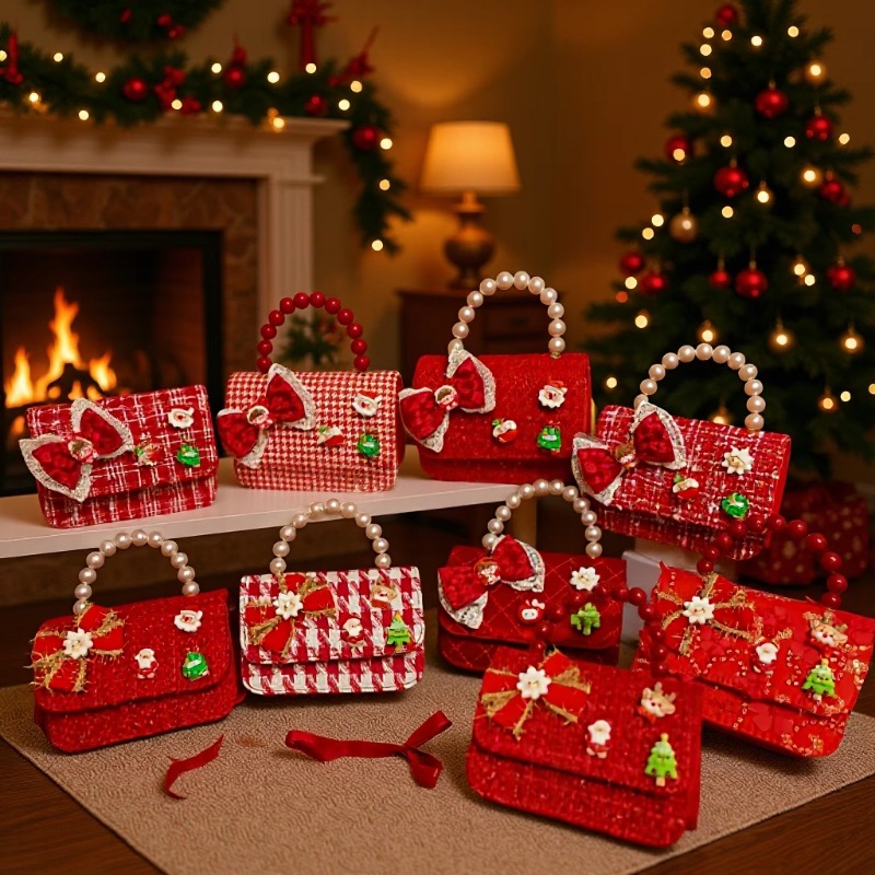 Cartera de Año Nuevo rojo arco de papá Noel bolso de perla pequeña cadena de viento fragante bolso de hombro