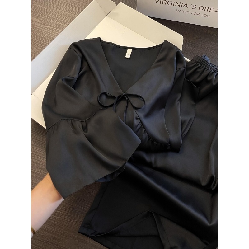 French Pure Black Retro Light Luxury High-End Design Long-Sleeved Pajamas for Women Spring and Autumn New Trousers Suit Home Clothes