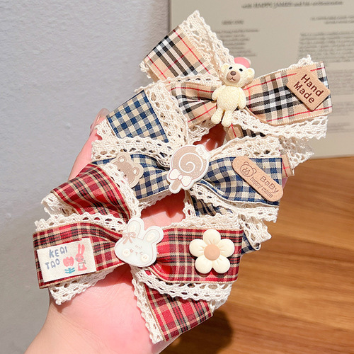 New product pre-sale Korean style children's milk hairpin little girl sweet plaid bow hairpin headdress lace