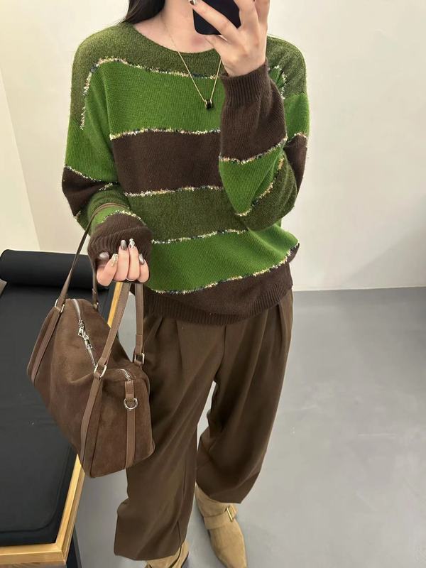 秋冬女士条纹宽松毛衣女款2025新款慵懒高级感针织打底衫上衣冬季|undefined