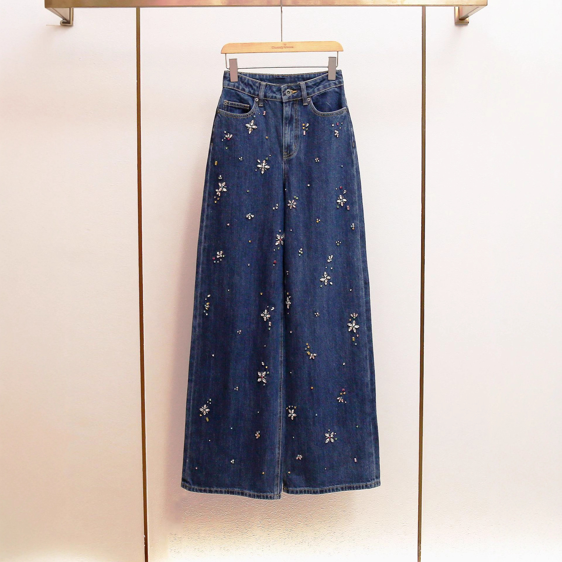 Sp's New Autum Style French High-End Casual Style Heavy-Duty Diamond-Encrusted A-Line High-Waisted Washed Blue Wide-Leg Jeans for Women