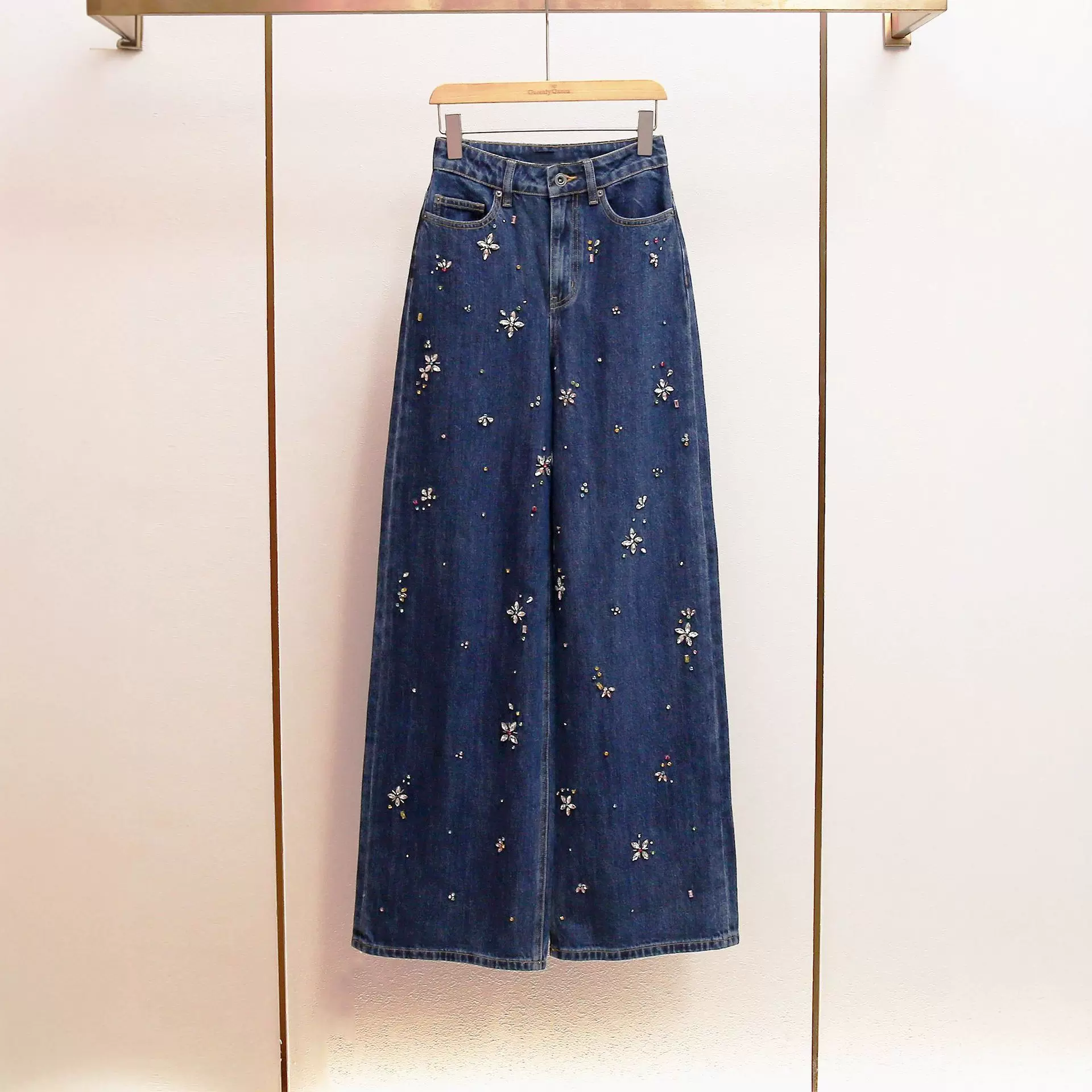 SP家秋季新款法式高级休闲风重工镶钻A字高腰水洗蓝阔腿牛仔裤女