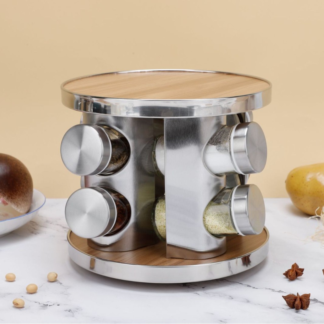Nueva cocina giratoria condimento botella rack multi-funcional estante de la especia porosa de acero inoxidable de almacenamiento de cocina rack al por mayor