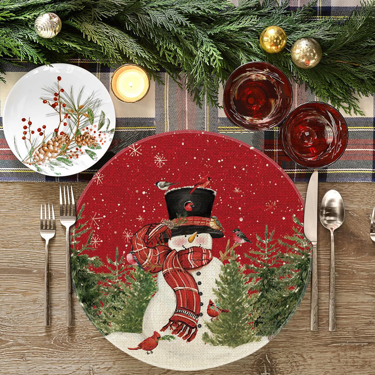 Ronda Navidad Lino placemat camino de mesa vacaciones árbol de Navidad muñeco de nieve tela placemat lavable decorativo diseño estera