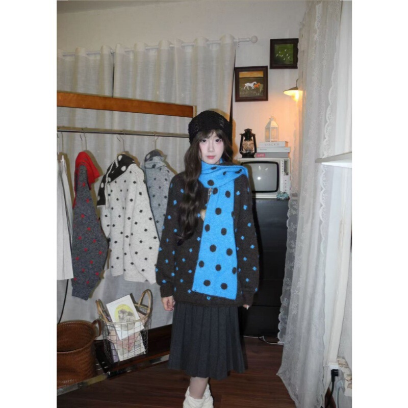 Super Bright White Korean-Style Polka Dot Design Knit Sweater + Scarf for Women, New Autumn and Winter Loose and Lazy Style Sweater Super Bright White Korean-Style Polka Dot Design Knit Sweater + Scarf for Women, New Autumn and Winter Loose and Lazy Style Sweater