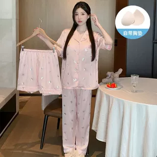 带胸垫睡衣女夏三件套冰雪丝绸高级感烫银蝴蝶直播爆款家居服外出