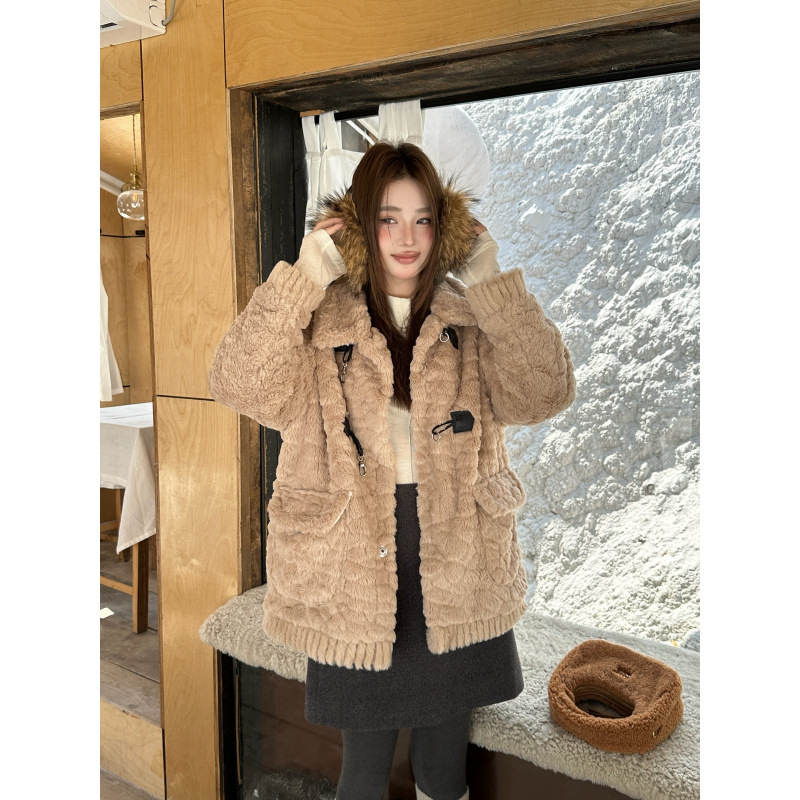 实拍实价 韩系翻领甜美百搭温柔仿羊羔毛外套女加棉大衣冬季