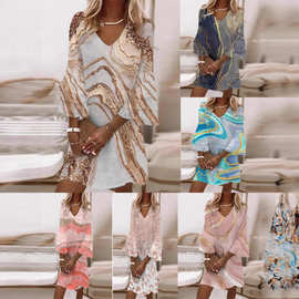 加色现货2026欧美亚马逊速卖通独立站时尚印花V领荷叶袖连衣裙