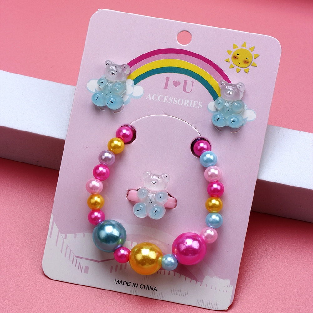 Cute Bear Resin Beaded No Inlaid Rings Bracelets Earrings 3 Piece Set display picture 1