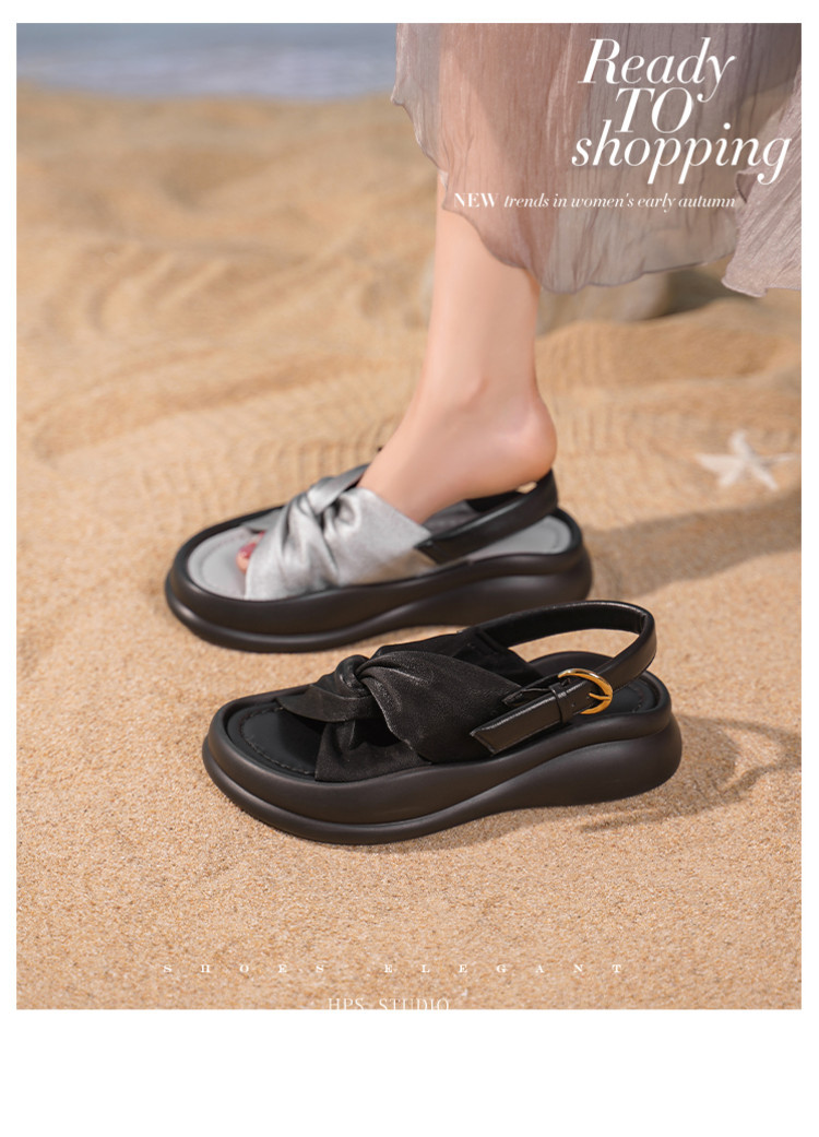 Dép sandal nữ quai chữ V satin phong cách Trung Quốc, đế dày tăng chiều cao, thoải mái đa năng — đen, bạc chi tiết 1