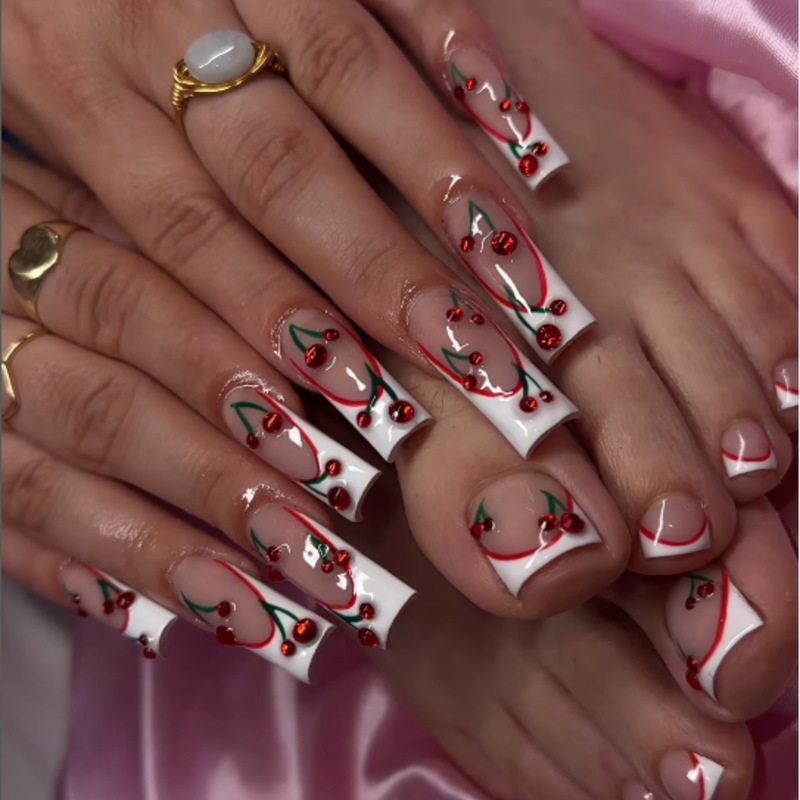 Cross-border Wearing Armor Red Cherry Flash Diamond Nail Art Patch Super Long Removable European and American Pressing Fake Nails