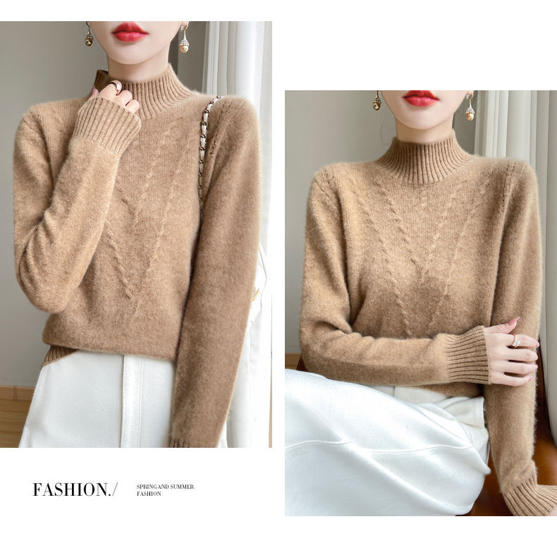 【 Cashmere Family 】 Halbhoher, kurzer, lockerer und dicker Jacquard-Strickpullover für Damen mit Wollunterseite, Innenschicht_voghion.com
