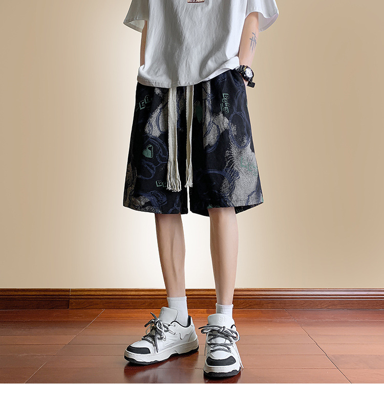Men's Bear Print Drawstring Shorts, Loose Fit High Street Casual Shorts, Summer Streetwear Mid-Thigh Shorts_viptrois.com