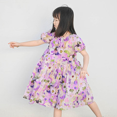 Children's Summer 2024 Country Style Girls' Dress with Short Sleeve Floral Print Princess Skirts
