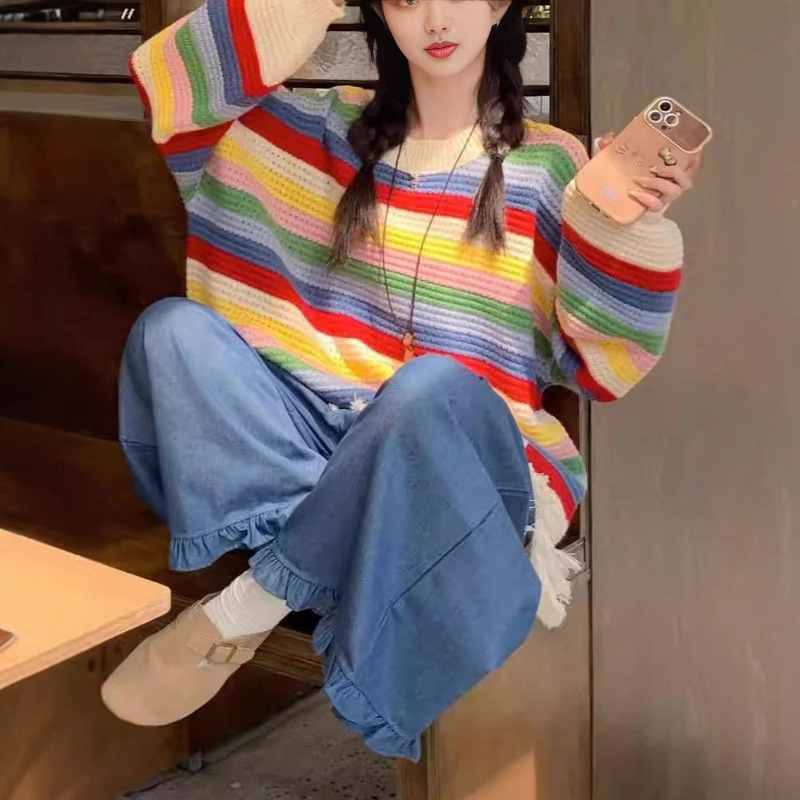 彩虹条纹流苏长袖针织毛衣女2025秋季新款宽松圆领时尚套头上衣潮|undefined