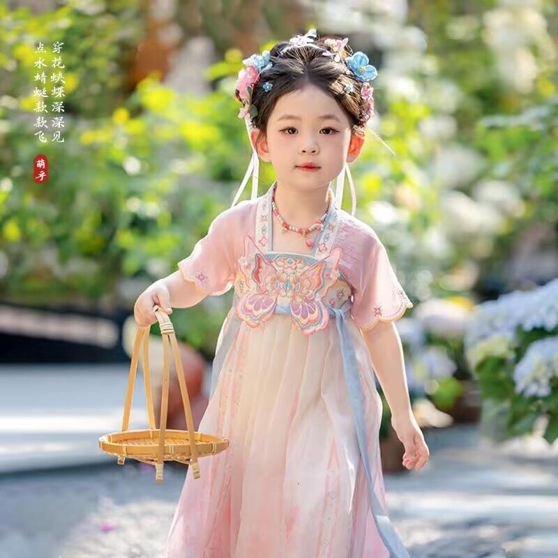 女童汉服襦裙夏季宝宝中国风古装短袖超仙刺绣薄款女童国风连衣裙|undefined