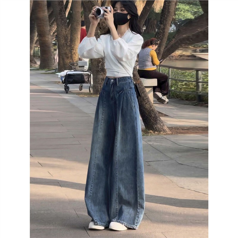 Vintage Blue Drapey Wide-Leg Jeans for Women Plus Size, Loose Fit, Slimming, Ruched Design, Straight-Leg Floor-Length Pants