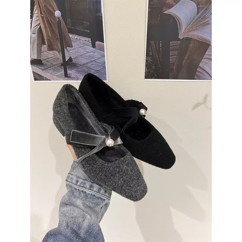 法式粗跟灰色单鞋配裙子晚晚鞋女鞋子2025秋冬季加绒玛丽珍毛毛鞋