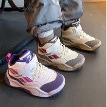 2025秋冬新款儿童高帮运动鞋中大童跑步鞋女童撞色休闲鞋加绒保暖