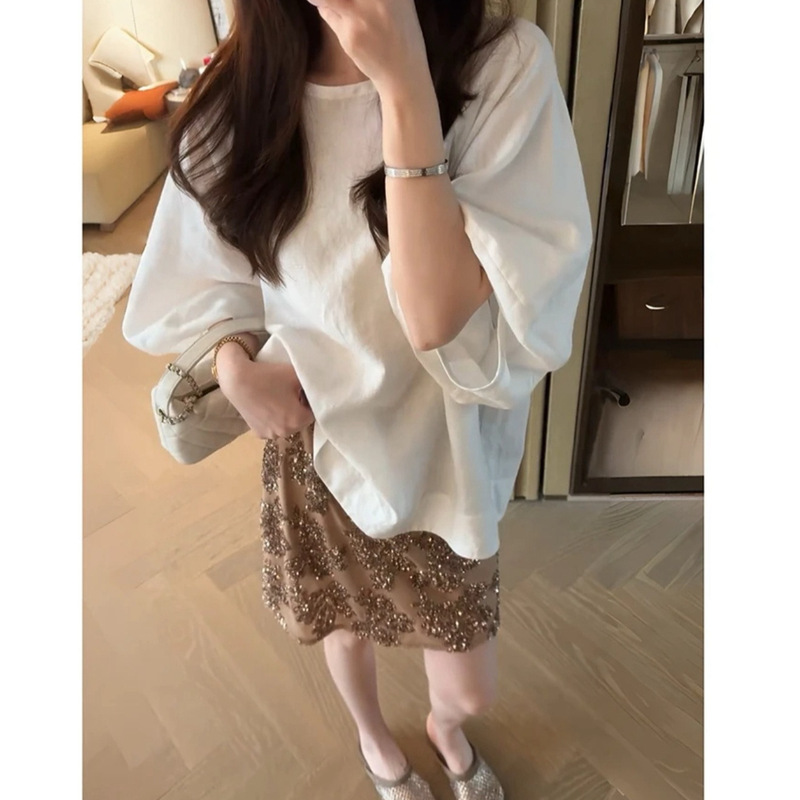 Designer Haute Couture/Custom-Made White Ramie-Toned Shirt + Sequined Skirt Set Designer Haute Couture/Custom-Made White Ramie-Toned Shirt + Sequined Skirt Set