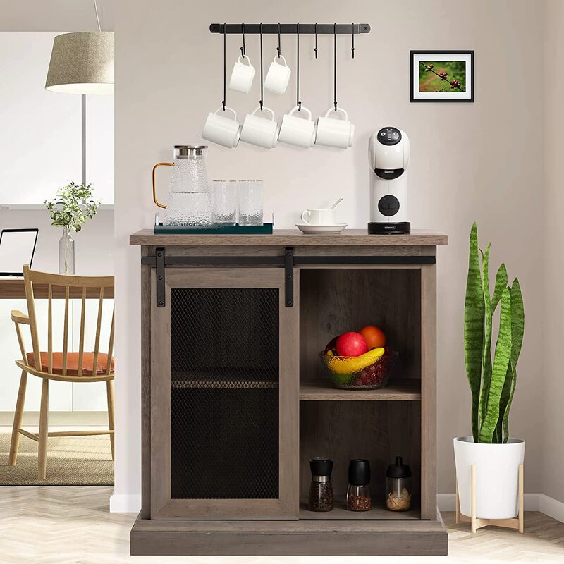Adjustable Inner Frame Storage Cabinet American Pastoral Style Coffee Bar Cabinet with Sliding Barn Door Kitchen Storage Cabinet