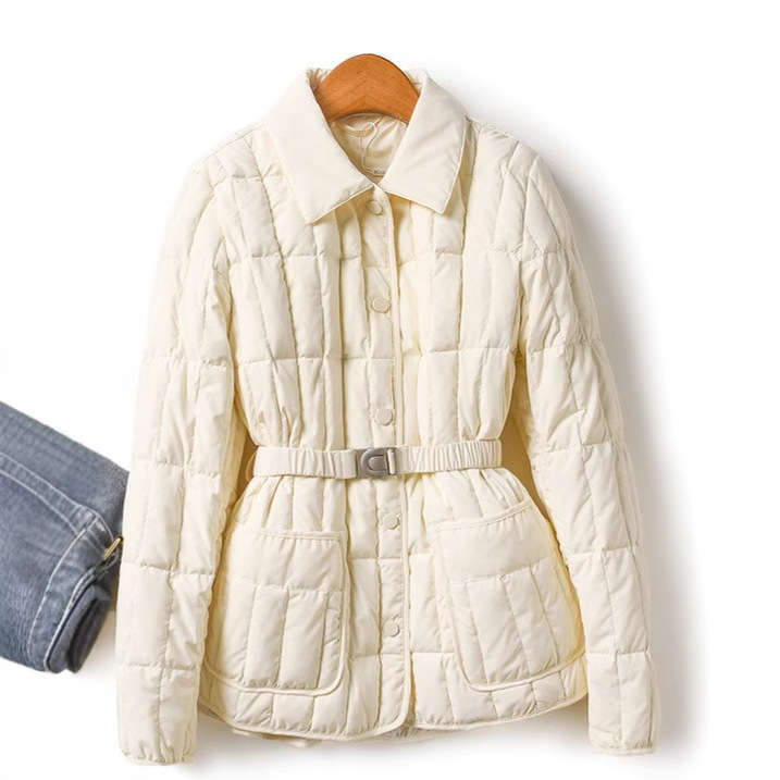 In-Stock Autumn and Winter Fashionable Everyday Quilted Checkered Lapel Elastic Waistband Goose down Jacket down Coat One-Piece Wholesale